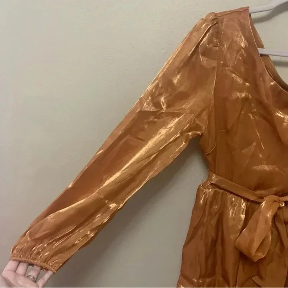 Lulus Sweet Excellence Shiny Rust Orange One-Shoulder Tiered Dress Medium NWT - Picture 7 of 15